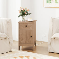Flip Top End Table with Charging Station, USB Ports and Drawer, Natural