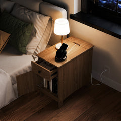 Flip Top End Table with Charging Station, USB Ports and Drawer, Natural