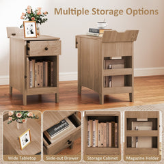 Flip Top End Table with Charging Station, USB Ports and Drawer, Natural