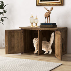 Flip Top Hidden Cat Washroom Furniture with Double Barn Doors, Removable Divider and Middle Entry