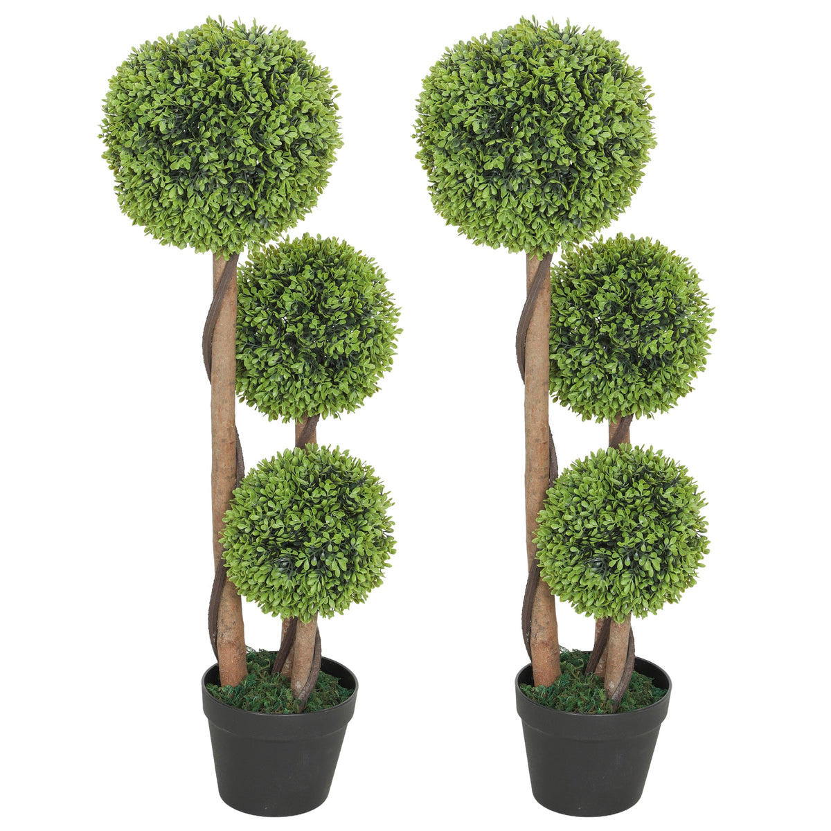 35 Inch 2 Pack Potted Fake Plant, Artificial Boxwood Topiary Trees, Triple Ball Tree for Indoor and Outdoor, Light Green