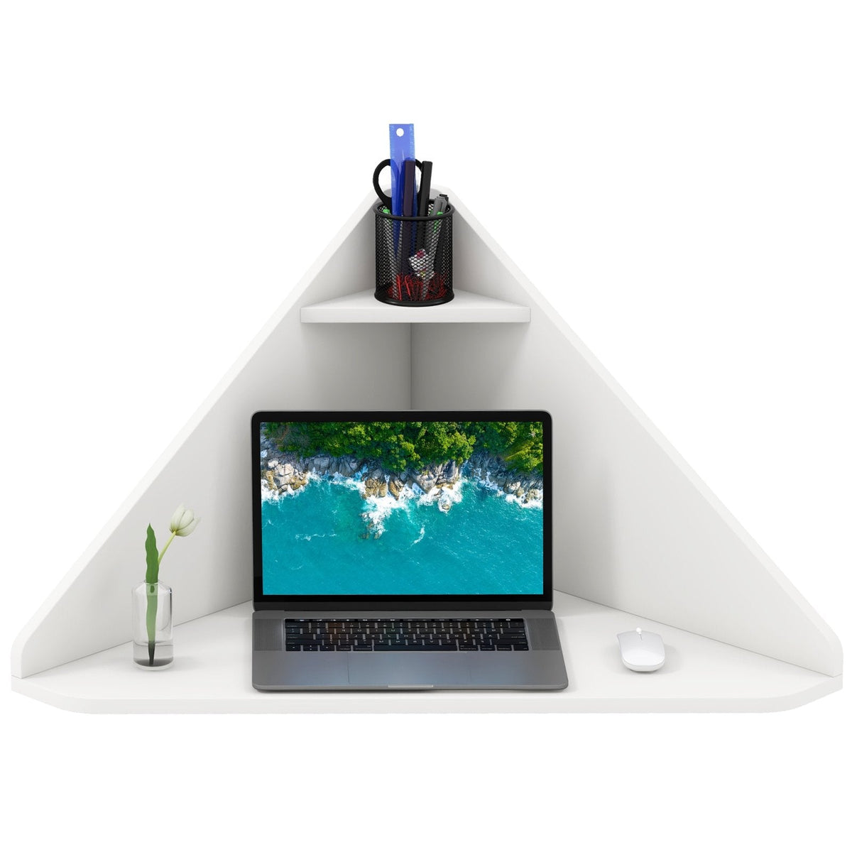 Floating Triangular Corner Computer Desk with Storage Shelf-White