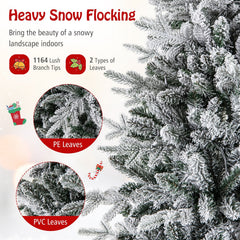 7 FT Snow Flocked Pre-Lit Christmas Tree, 1164 PE and PVC Tips, 350 Multicolour LEDs, 8 Modes