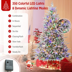 7 FT Snow Flocked Pre-Lit Christmas Tree, 1164 PE and PVC Tips, 350 Multicolour LEDs, 8 Modes