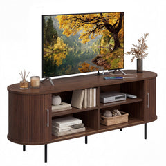 Fluted TV Stand for TVs up to 60 inches Mid Century Curved Entertainment Center-Walnut