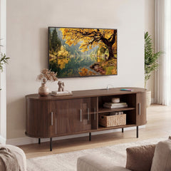 Fluted TV Stand for TVs up to 60 inches Mid Century Curved Entertainment Center-Walnut