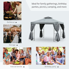 10' x 10' Patio Gazebo Outdoor, Canopy Shelter with Double-tier Roof, Pavilion Sidewalls for Garden Events, Brown