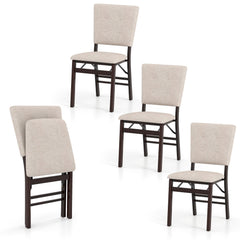 Set of 4 Folding Dining Chairs, Beige Linen Padded Seat and Back with Espresso Rubber Wood Frame