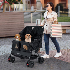 Foldable Double Pet Stroller with Adjustable Sunshade and Storage Basket-Black