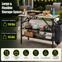 Foldable Outdoor Cook Station with Removable Shelves & Trash Bag Holder for Camping-Black