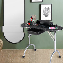 Foldable Portable Manicure Table with Drawer Casters and Cushion-Black