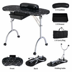 Foldable Portable Manicure Table with Drawer Casters and Cushion-Black