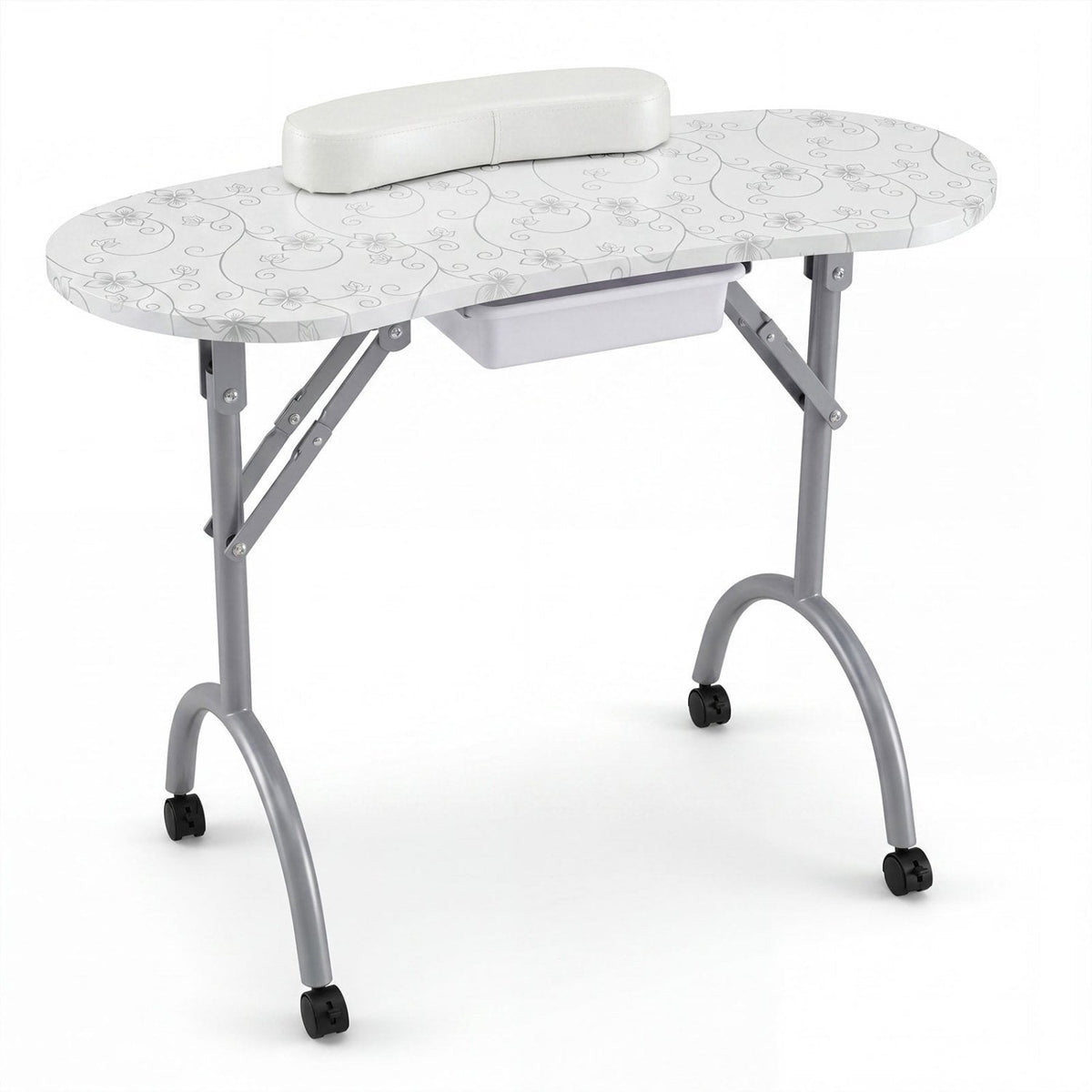 Foldable Portable Manicure Table with Drawer Casters and Cushion-White