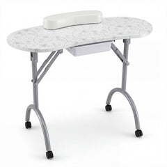 Foldable Portable Manicure Table with Drawer Casters and Cushion-White