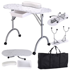Foldable Portable Manicure Table with Drawer Casters and Cushion-White