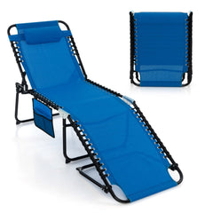 Foldable Recline Lounge Chair with Side Pocket and Detachable Headrest, Blue