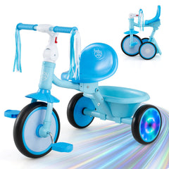 Foldable Toddler Tricycle with Lighting Wheels and Basket for 2-5 Year Old-Blue