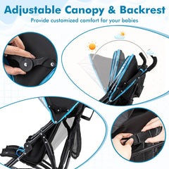 Foldable Twin Baby Double Stroller Ultralight Umbrella Kids Stroller-Navy