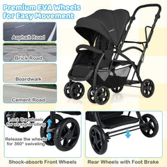 Foldable Twin Tandem Stroller Sit and Stand Double Stroller with Adjustable Handle Bar-Black