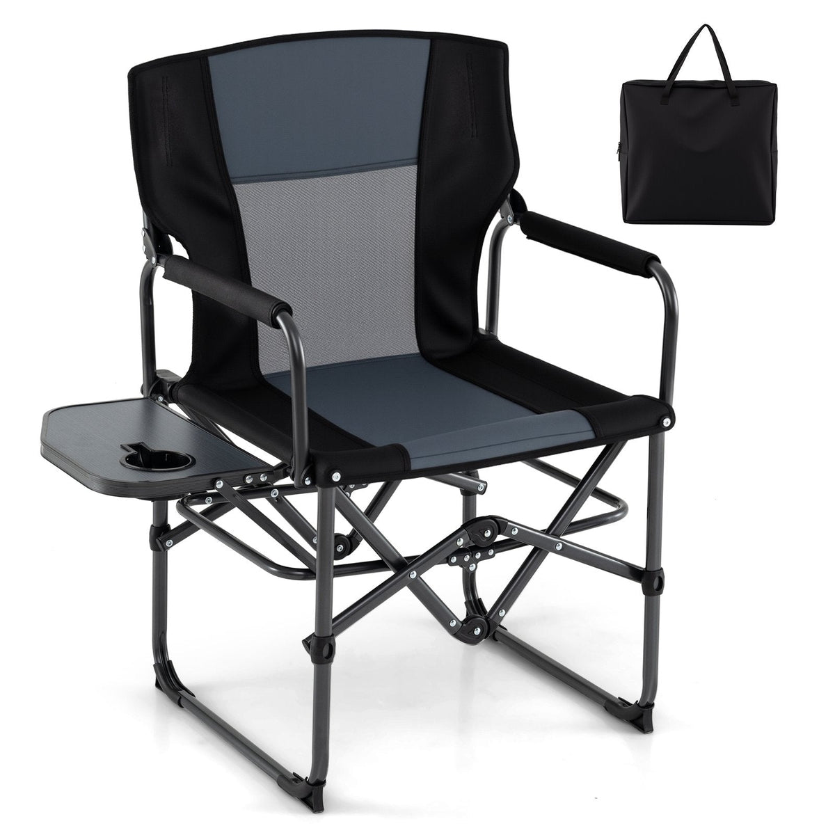 Folding Camping Chair with Side Table and Cup Holder with Carrying Bag-Black & Gray