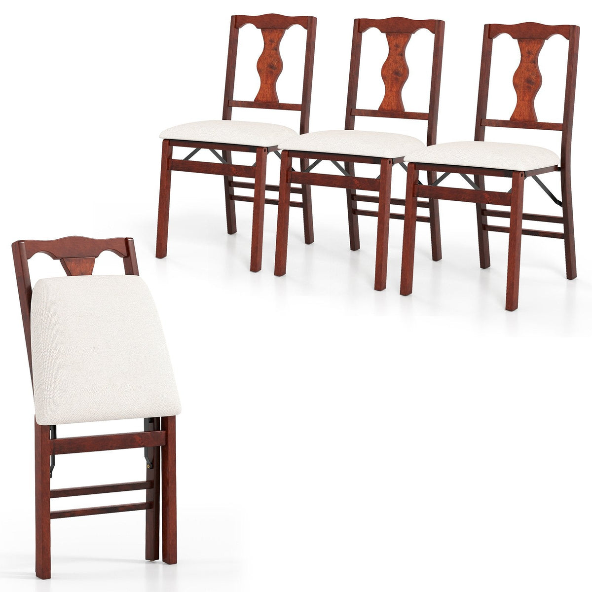 Set of 4 Folding Dining Chairs, Cherry Brown Rubber Wood with Vase Splat Back and Beige Linen Seats
