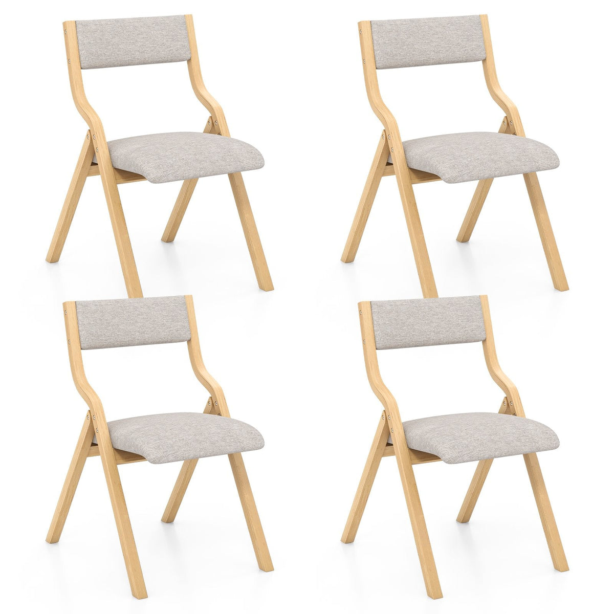 Set of 4 Folding Dining Chairs, Natural Bentwood Frame with Beige Linen Padded Seat and Back