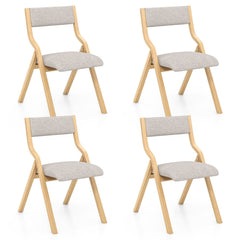 Set of 4 Folding Dining Chairs, Natural Bentwood Frame with Beige Linen Padded Seat and Back