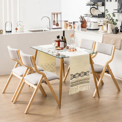 Set of 4 Folding Dining Chairs, Natural Bentwood Frame with Beige Linen Padded Seat and Back