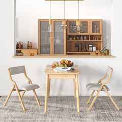 Set of 4 Folding Dining Chairs, Natural Bentwood Frame with Beige Linen Padded Seat and Back