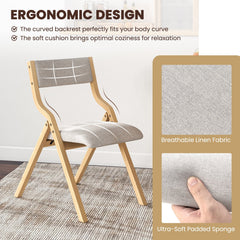 Set of 4 Folding Dining Chairs, Natural Bentwood Frame with Beige Linen Padded Seat and Back