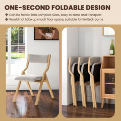 Set of 4 Folding Dining Chairs, Natural Bentwood Frame with Beige Linen Padded Seat and Back