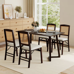Set of 2 Folding Dining Chairs, Espresso Rubber Wood with Rattan Back and Cream Linen Seat