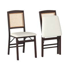 Set of 2 Folding Dining Chairs, Espresso Rubber Wood with Rattan Back and Cream Linen Seat