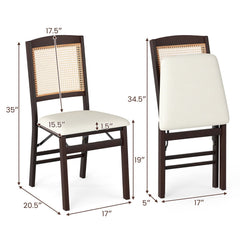 Set of 2 Folding Dining Chairs, Espresso Rubber Wood with Rattan Back and Cream Linen Seat
