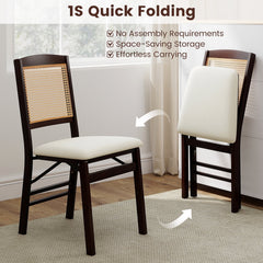 Set of 2 Folding Dining Chairs, Espresso Rubber Wood with Rattan Back and Cream Linen Seat