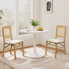 Set of 2 Folding Dining Chairs, Natural Rubber Wood with Rattan Back and Cream Linen Seat