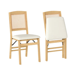 Set of 2 Folding Dining Chairs, Natural Rubber Wood with Rattan Back and Cream Linen Seat