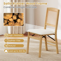 Set of 2 Folding Dining Chairs, Natural Rubber Wood with Rattan Back and Cream Linen Seat