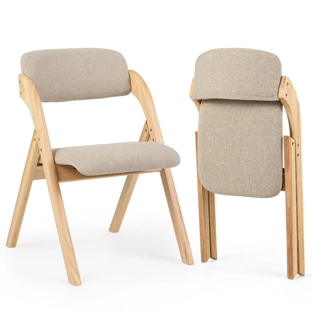 Set of 2 Folding Dining Armchairs, Natural Rubber Wood with Beige Linen Padded Seat and Back