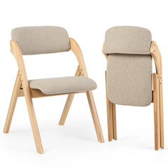 Set of 2 Folding Dining Armchairs, Natural Rubber Wood with Beige Linen Padded Seat and Back