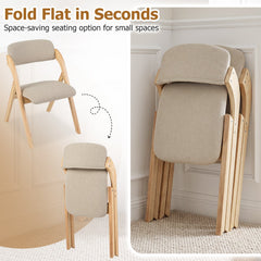 Set of 2 Folding Dining Armchairs, Natural Rubber Wood with Beige Linen Padded Seat and Back