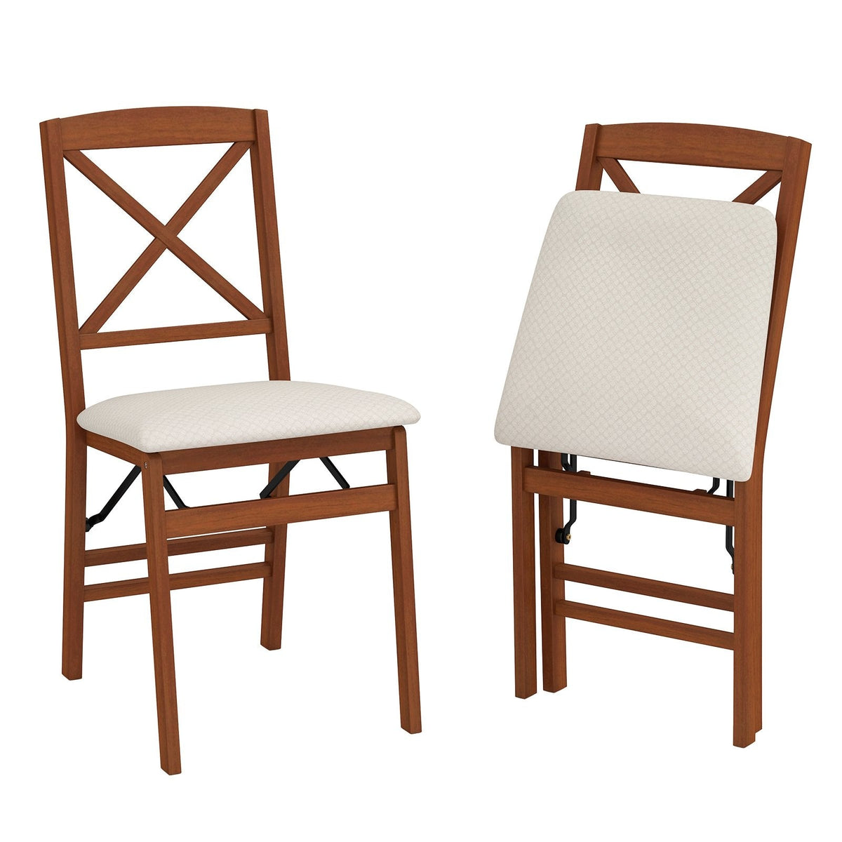 Set of 2 Folding X Back Dining Chairs, Walnut Rubber Wood with Cream Linen Padded Seat