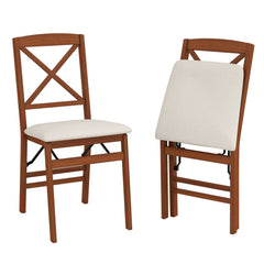 Set of 2 Folding X Back Dining Chairs, Walnut Rubber Wood with Cream Linen Padded Seat