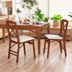 Set of 2 Folding X Back Dining Chairs, Walnut Rubber Wood with Cream Linen Padded Seat