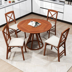 Set of 2 Folding X Back Dining Chairs, Walnut Rubber Wood with Cream Linen Padded Seat