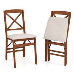 Set of 2 Folding X Back Dining Chairs, Walnut Rubber Wood with Cream Linen Padded Seat