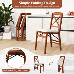 Set of 2 Folding X Back Dining Chairs, Walnut Rubber Wood with Cream Linen Padded Seat