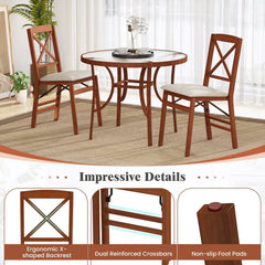 Set of 2 Folding X Back Dining Chairs, Walnut Rubber Wood with Cream Linen Padded Seat
