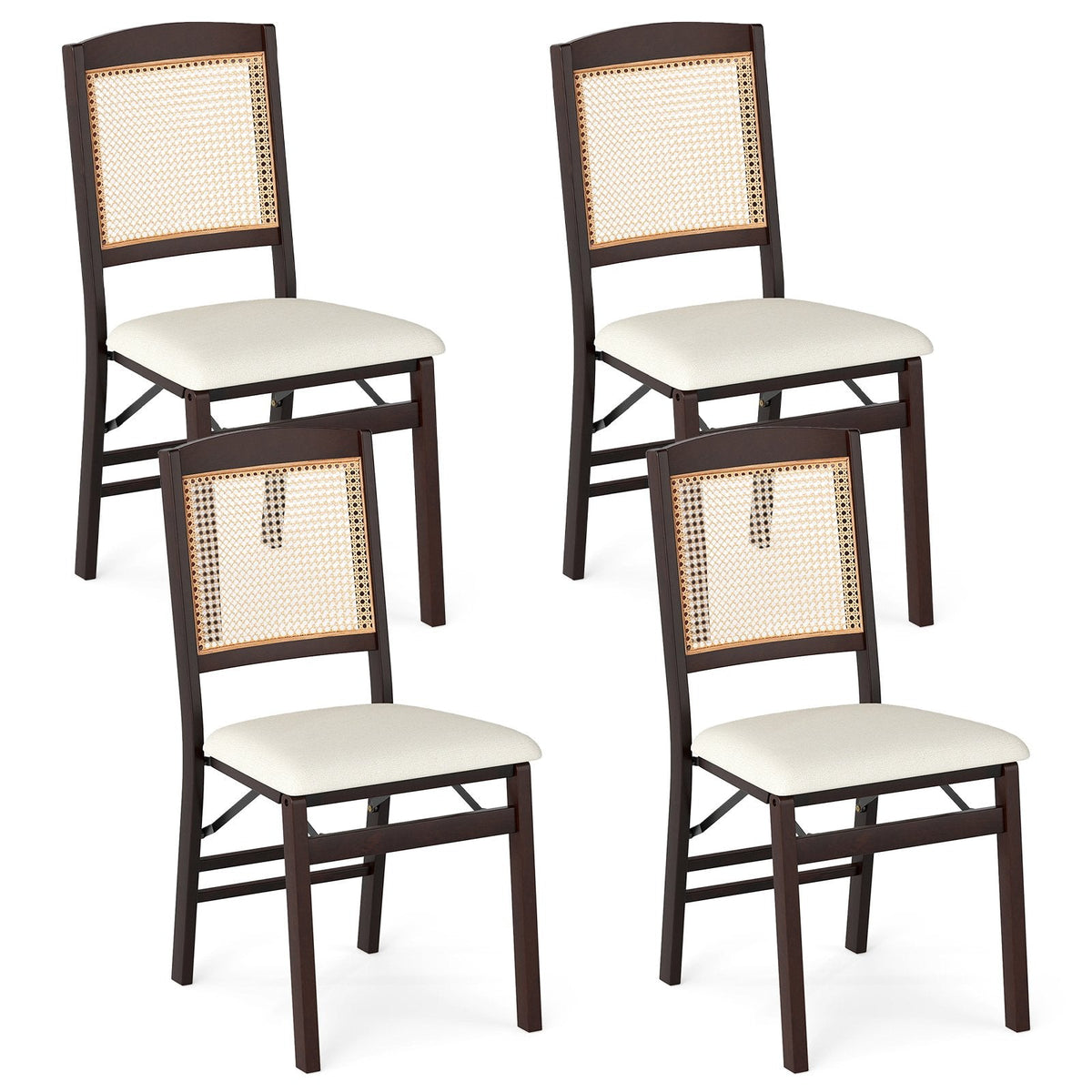 Set of 4 Folding Dining Chairs, Espresso Rubber Wood with Rattan Backs and Cream Linen Seats