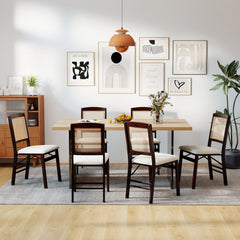 Set of 4 Folding Dining Chairs, Espresso Rubber Wood with Rattan Backs and Cream Linen Seats